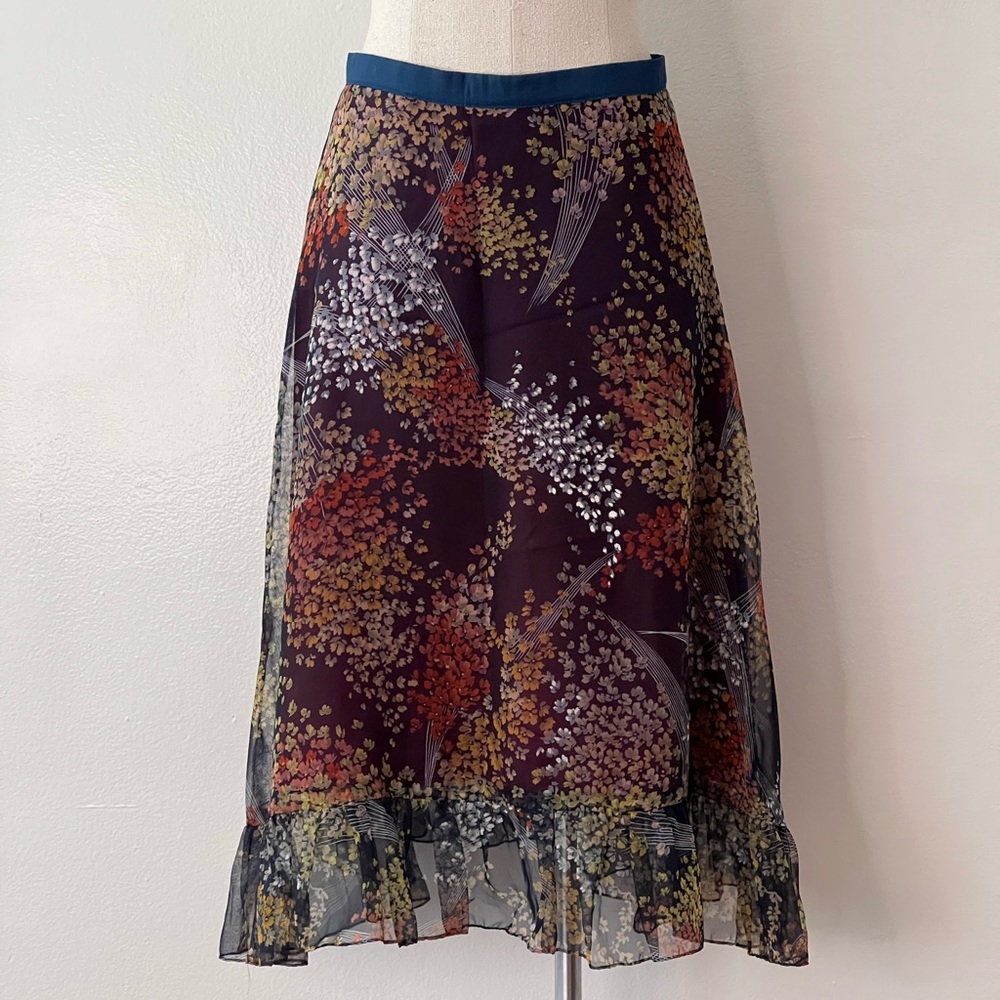 Floral Printed Skirt with Sheer Overlay, Back Zip Closure with Hook Clasp